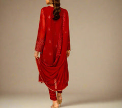 WINE SCARLET– Embroidered Chiffon Unstitched 3Pc Suit.