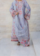 MISK 04 - Embroidered 3pc Chikankari Lawn Dress With Embroidered Cotton Net Dupatta.