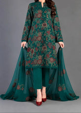 Grace Z-(W1054) - Stitched Embroidered 3pc Marina Dress With Embroidered Chiffon Dupatta.