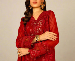 WINE SCARLET– Embroidered Chiffon Unstitched 3Pc Suit.
