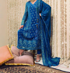 BLUE NOVA– Embroidered Chiffon Unstitched 3Pc Suit.