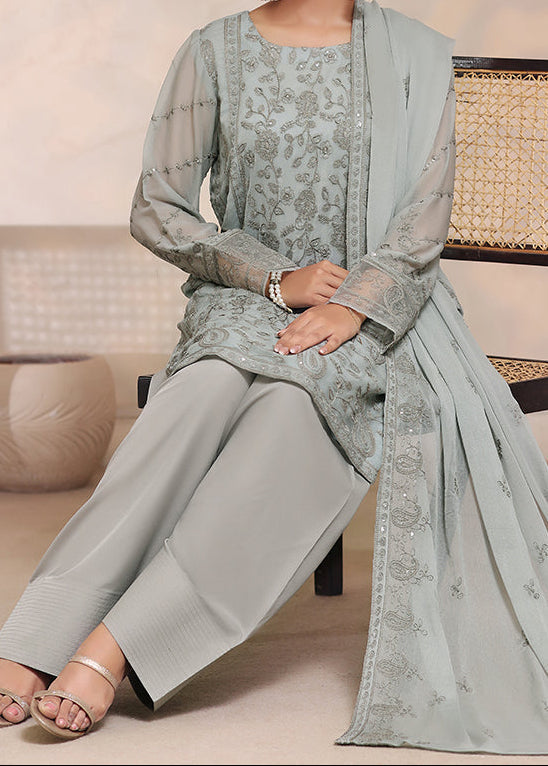 OLIVE WISPER – Embroidered Chiffon Unstitched 3PC Suit.