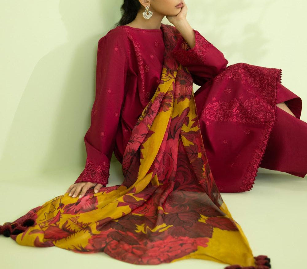 Grace W664-Embroidered 3pc Linen Dress with Printed Munar Dupatta.