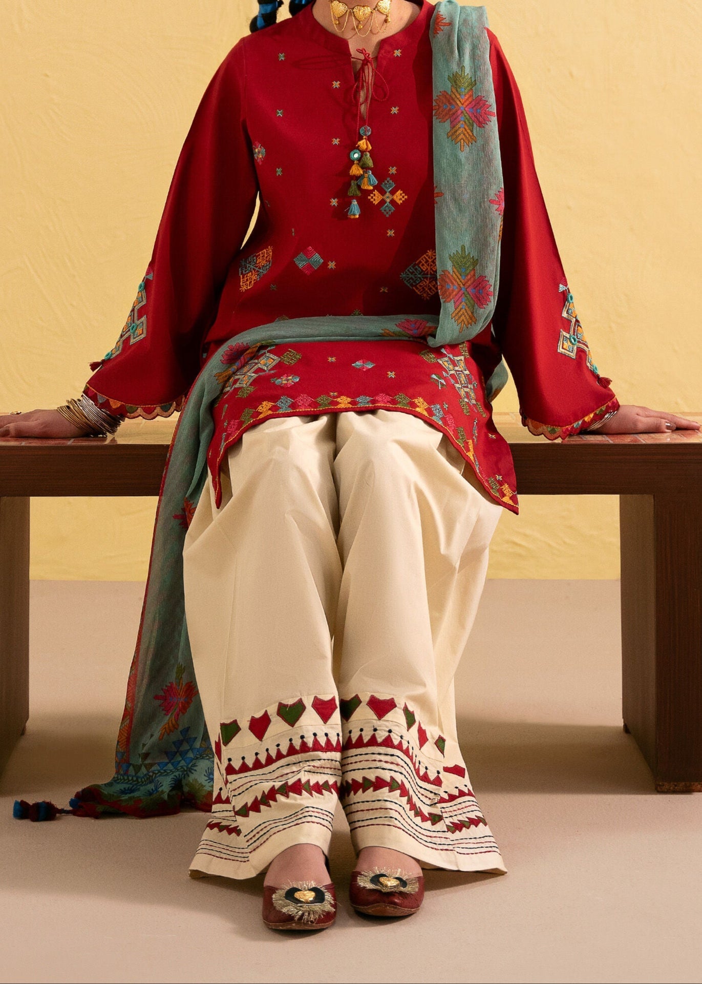 Grace W750-Embroidered 3pc Marina Dress With Printed Shawl.