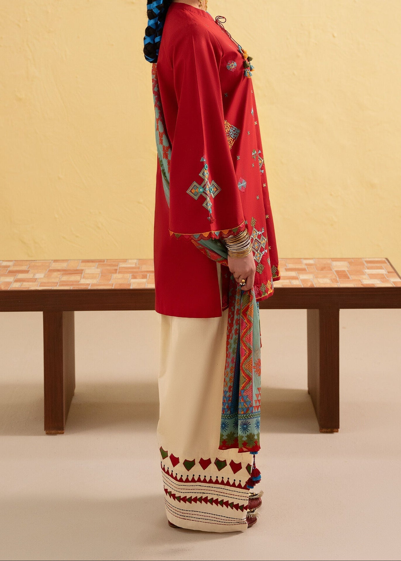 Grace W750-Embroidered 3pc Marina Dress With Printed Shawl.