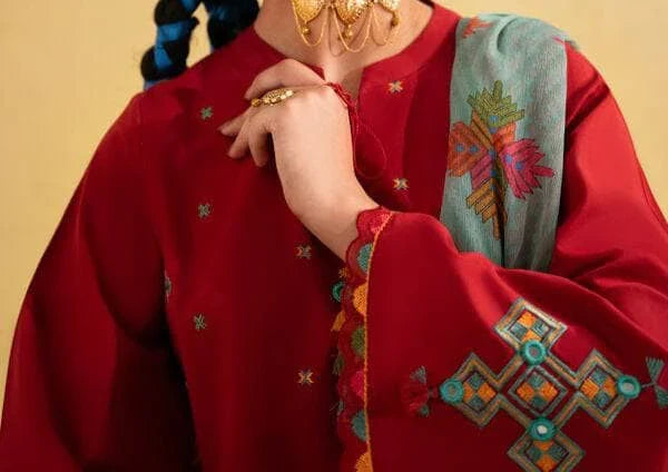 Grace Z-(W750) - Stitched Embroidered 3pc Marina Dress With Printed Shawl.
