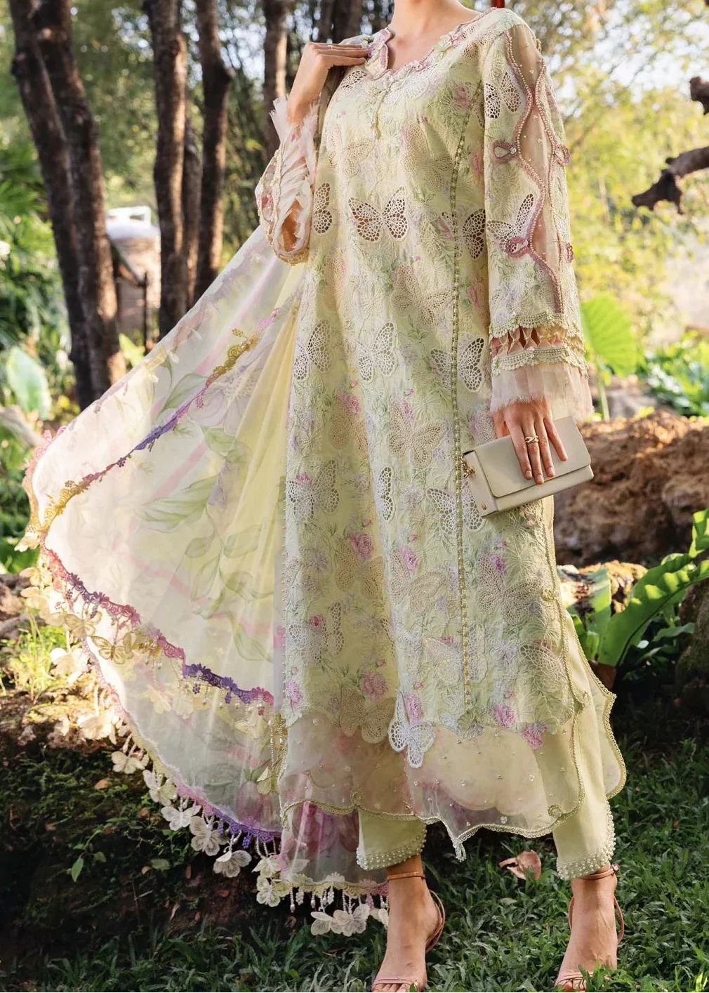Grace Z-(S1424) - Stitched Embroidered 3pc CHIKANKARI Lawn Dress With Digital Printed Chiffon Dupatta.