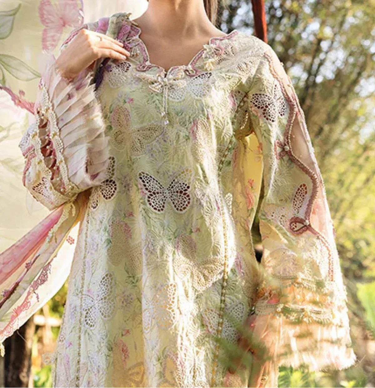 Grace Z-(S1424) - Stitched Embroidered 3pc CHIKANKARI Lawn Dress With Digital Printed Chiffon Dupatta.