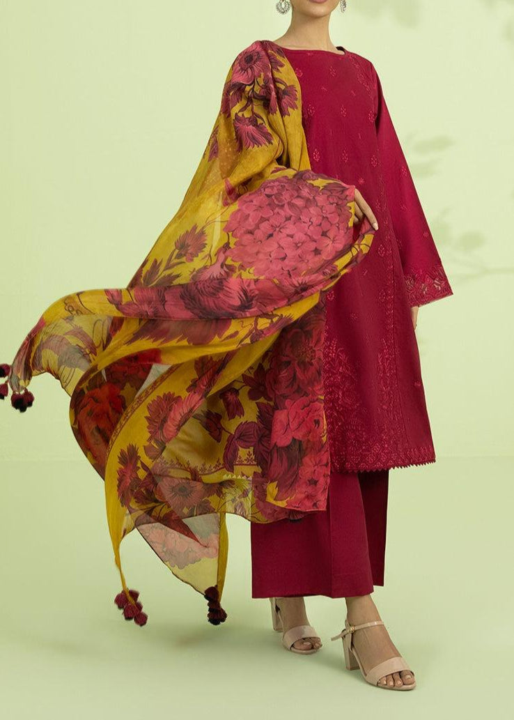 Grace W664-Embroidered 3pc Linen Dress with Printed Munar Dupatta.