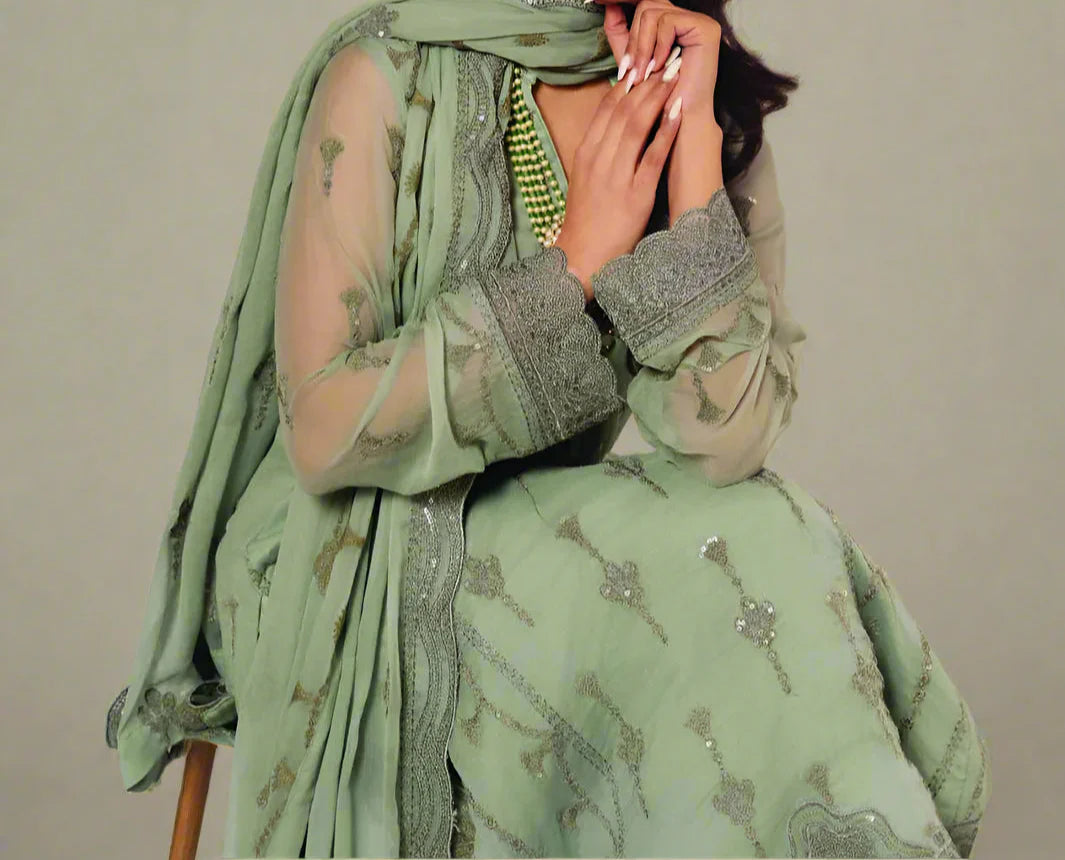 Grace Z-(CADET GRAY) -Stitched Embroidered chiffon 3Pc Suit