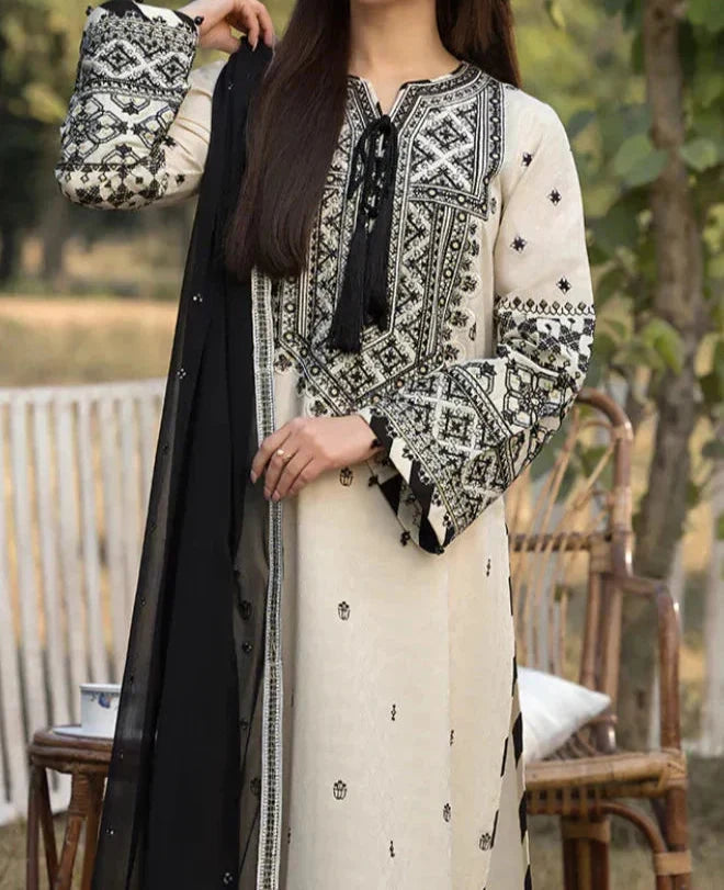 Grace Z(S1222)- Stitched Embroidered 3pc Lawn Dress With Embroidered Chiffon Dupatta.