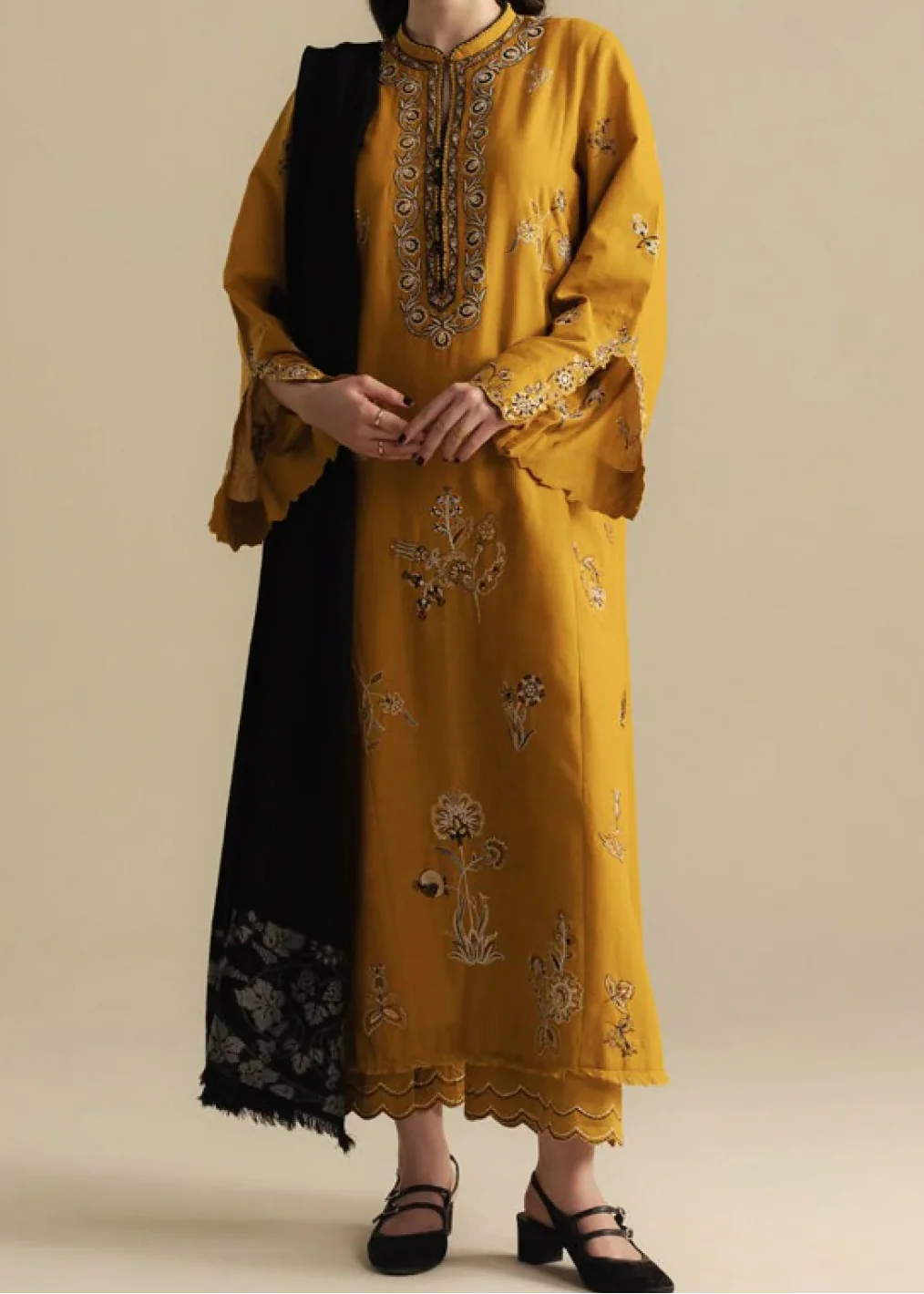 Grace W845-Embroidered 3pc Marina Dress With Printed Shawl.