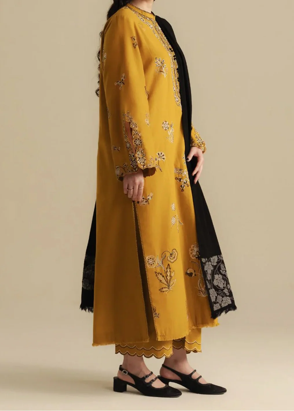 Grace W845-Embroidered 3pc Marina Dress With Printed Shawl.