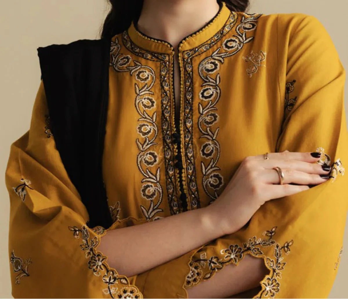 Grace W845-Embroidered 3pc Marina Dress With Printed Shawl.