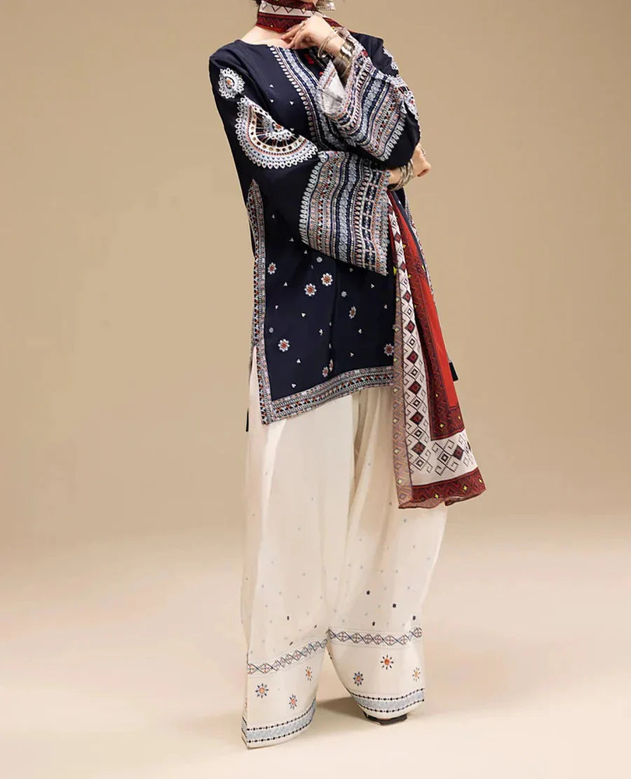 Grace W694-Embroidered 3pc Linen Dress With Printed Shawl