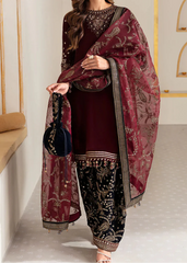 Grace W999-Embroidered Sequence 3pc Velvet Dress With Embroidered Sequence Chiffon Dupatta.