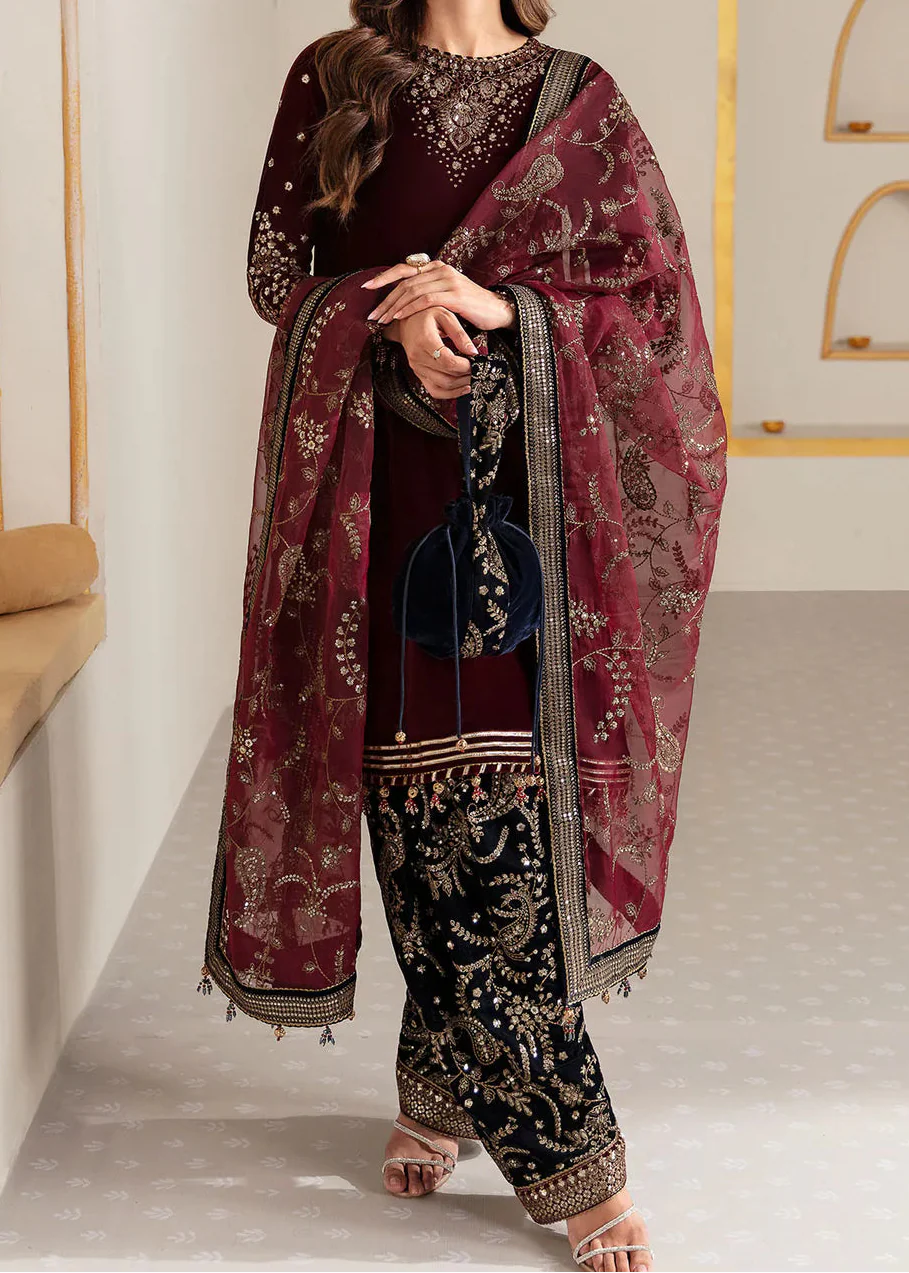 Grace W999-Embroidered Sequence 3pc Velvet Dress With Embroidered Sequence Chiffon Dupatta.