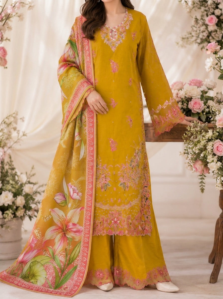 Grace W1099 - Embroidered 3pc Marina Dress With Printed Shawl.