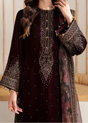 Grace W967-Embroidered 3pc Velvet Dress Dress With Printed Organza Dupatta.