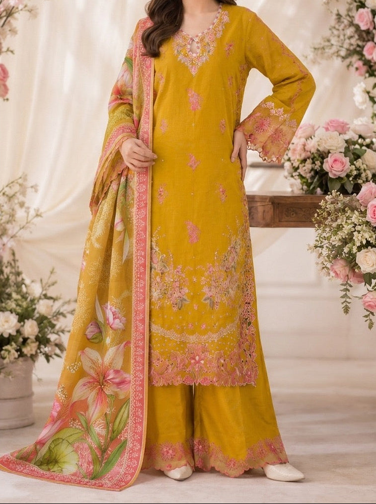 Grace W1099 - Embroidered 3pc Marina Dress With Printed Shawl.