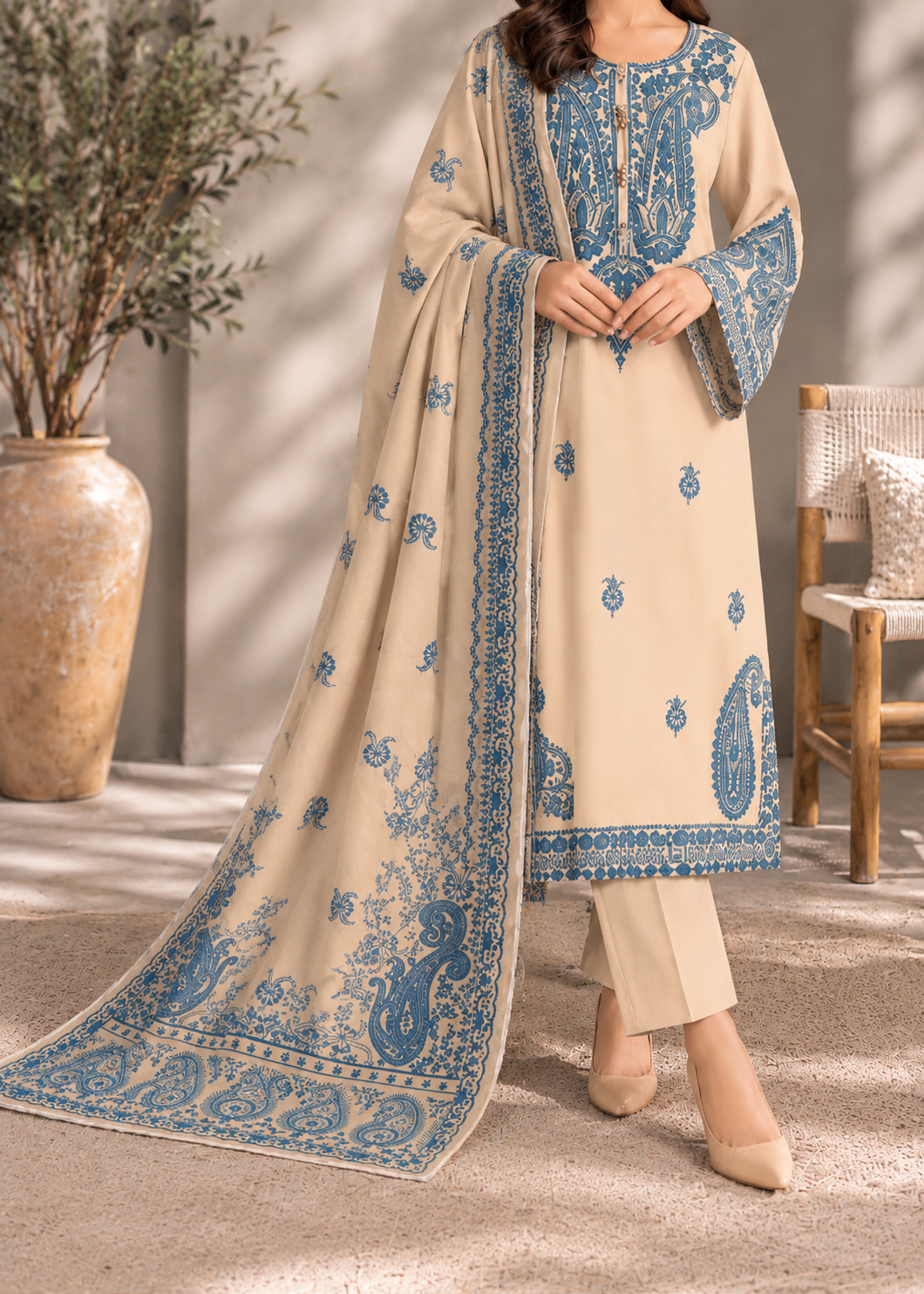Grace W1072 - Embroidered 3pc Marina Dress With Printed Shawl.