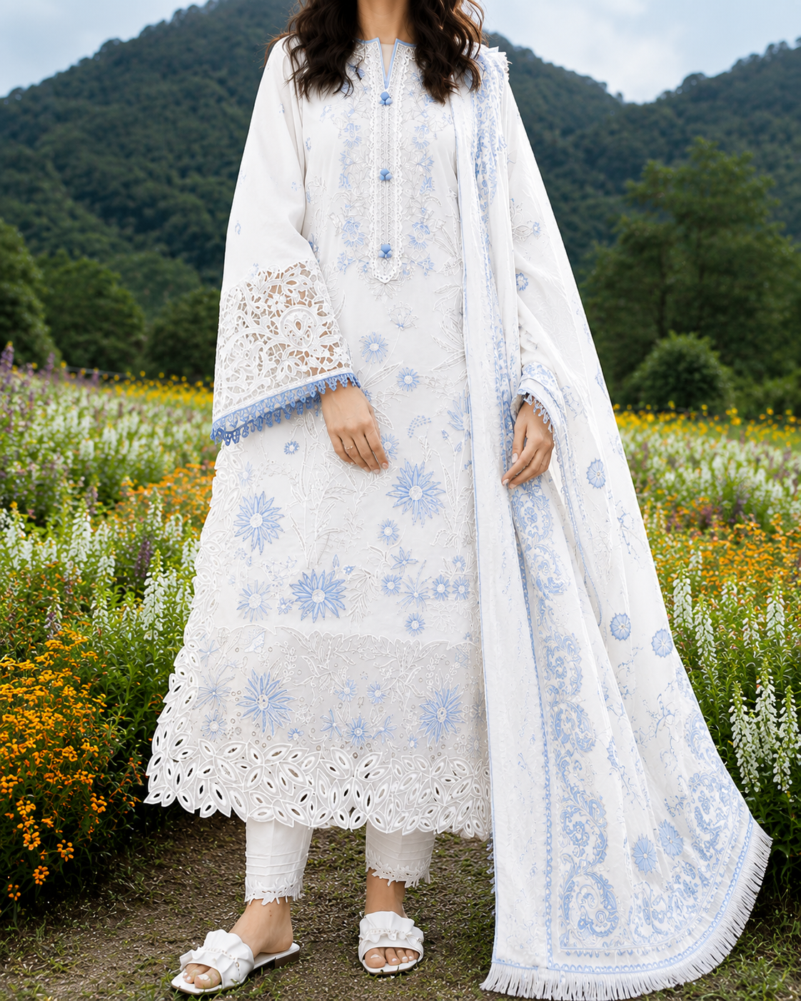 Grace S1462 - Embroidered 3pc Lawn Dress With Printed Lawn Dupatta.