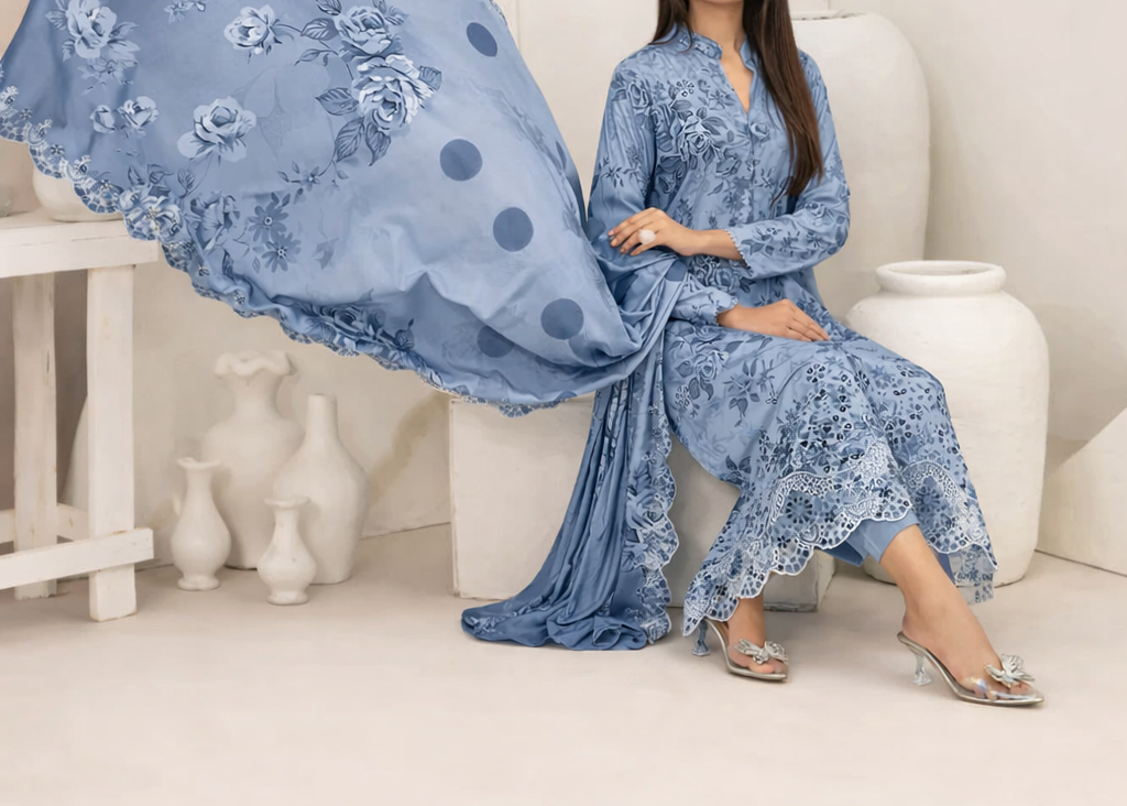 Grace S1317 - Printed & Embroidered 3pc Lawn Dress With Embroidered Chiffon Dupatta.