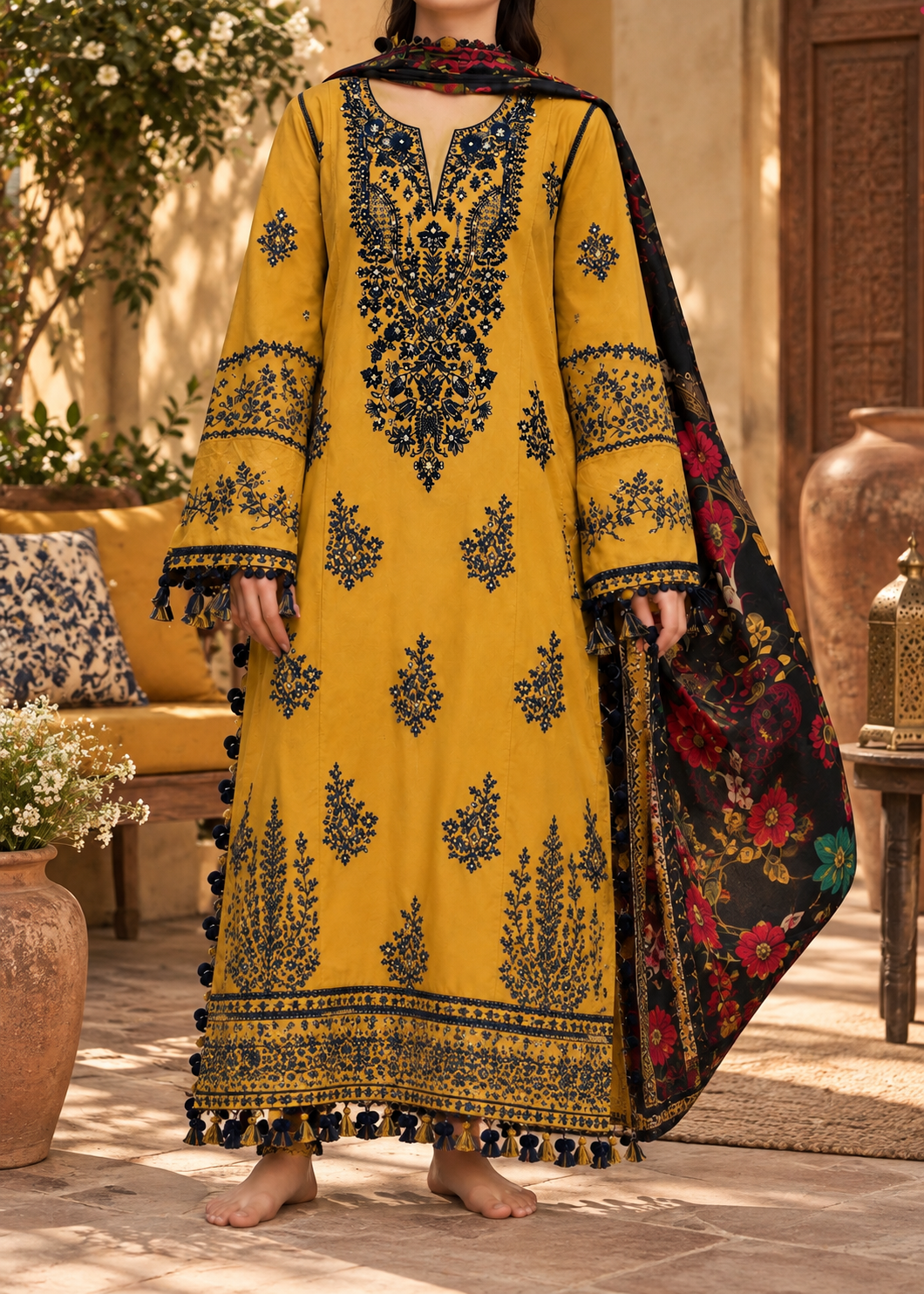 Grace W1074-Embroidered 3pc Marina Dress With Printed Shawl.