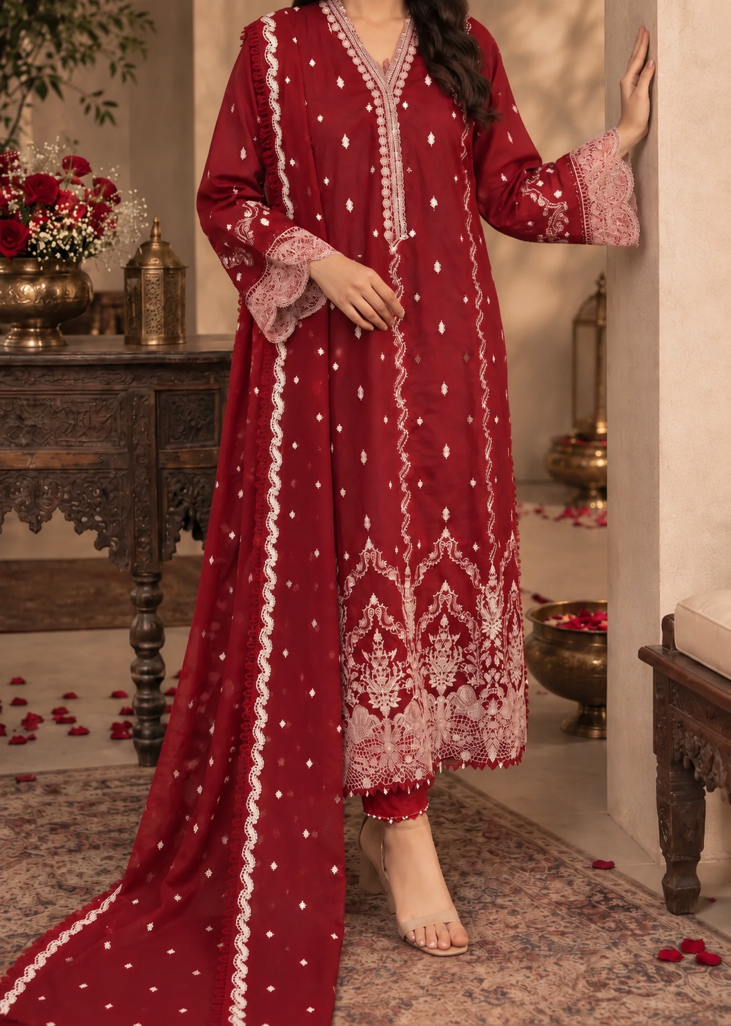 Grace W1104 - Embroidered 3pc Marina Dress With Embroidered Marina Shawl.