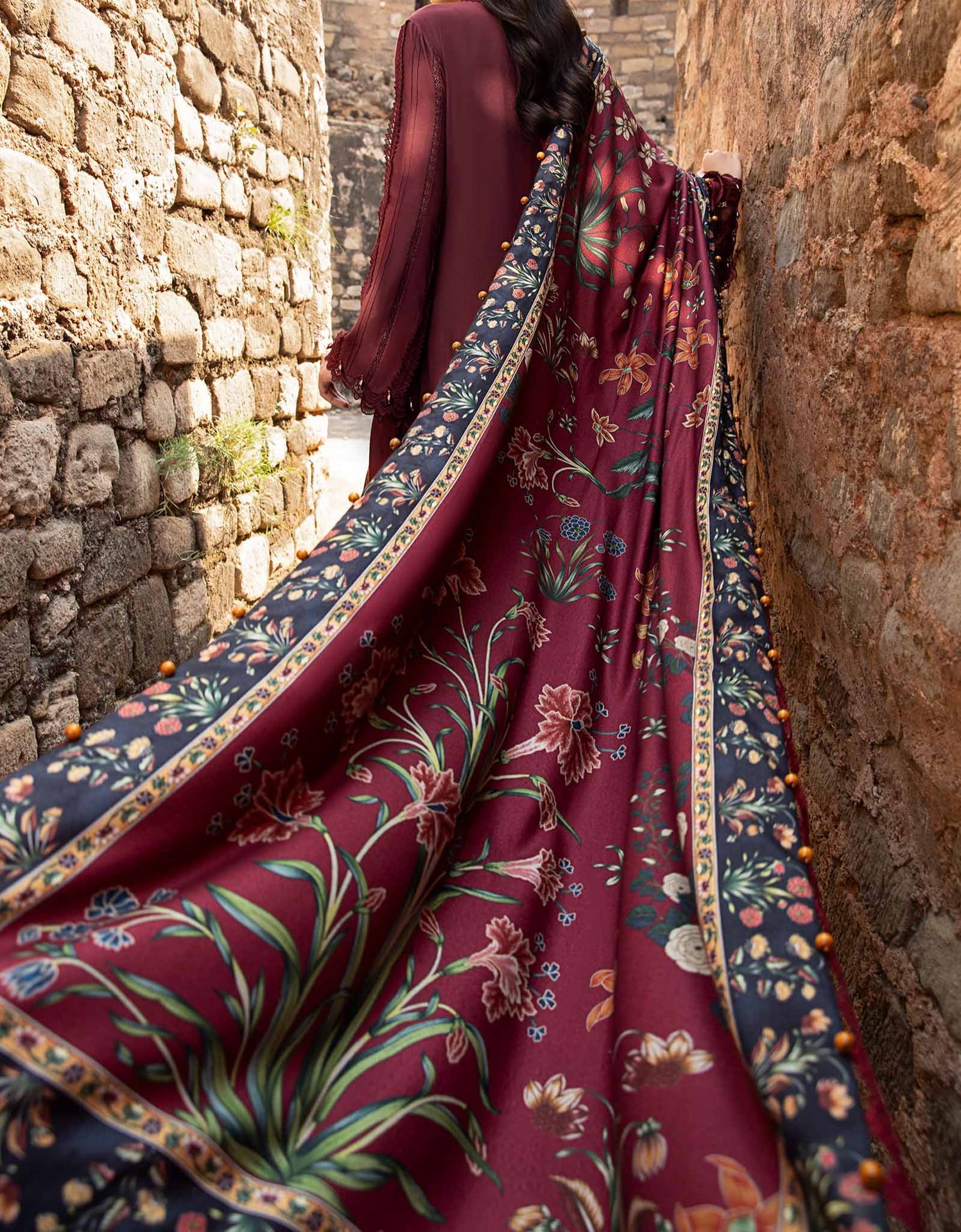 Grace W745-Embroidered 3pc Marina Dress With Printed Shawl.