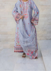 MISK 04 - Embroidered 3pc Chikankari Lawn Dress With Embroidered Cotton Net Dupatta.