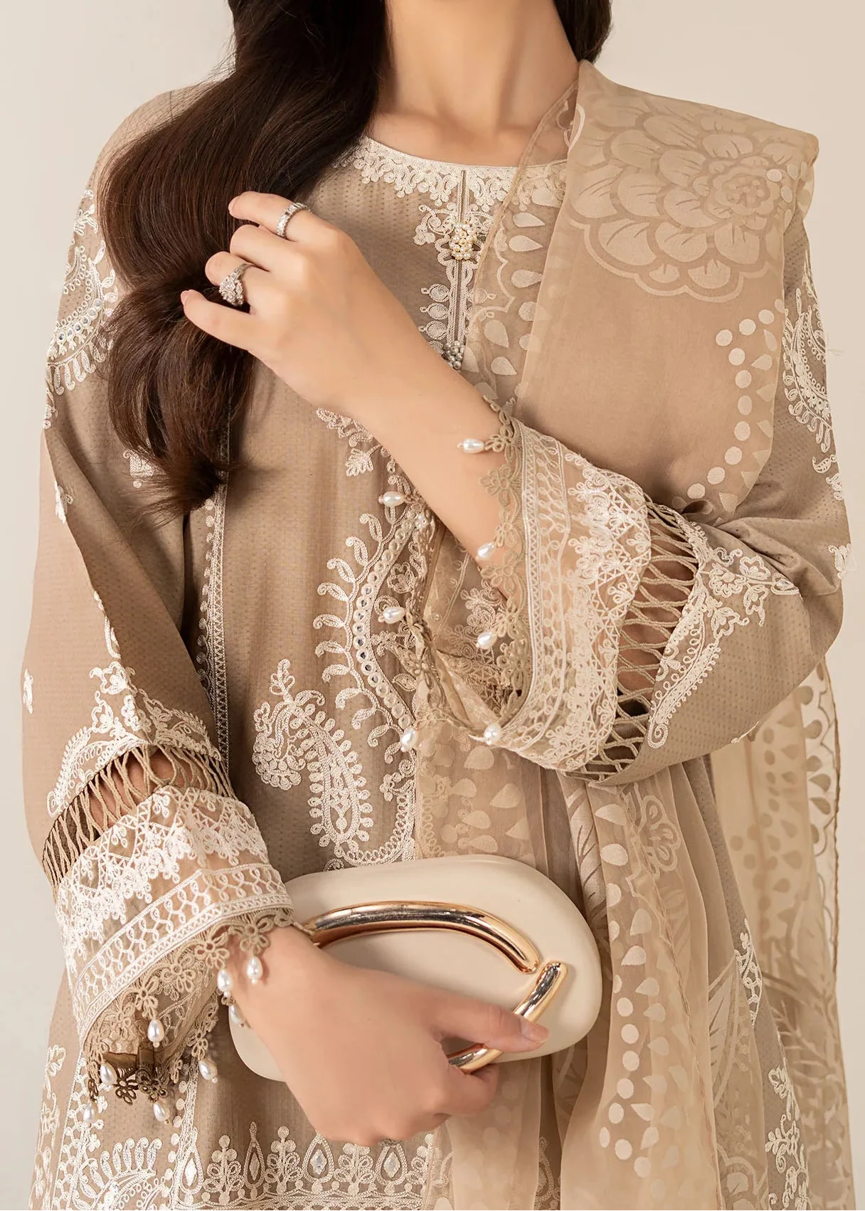 Grace W854-Embroidered 3pc Marina Dress With Printed Organza Dupatta.