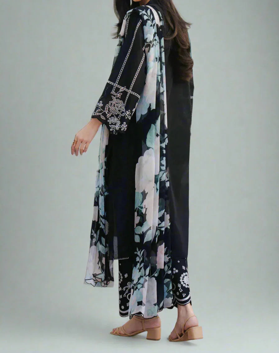 Grace W740-Embroidered 3pc Marina Dress With Printed Shawl.