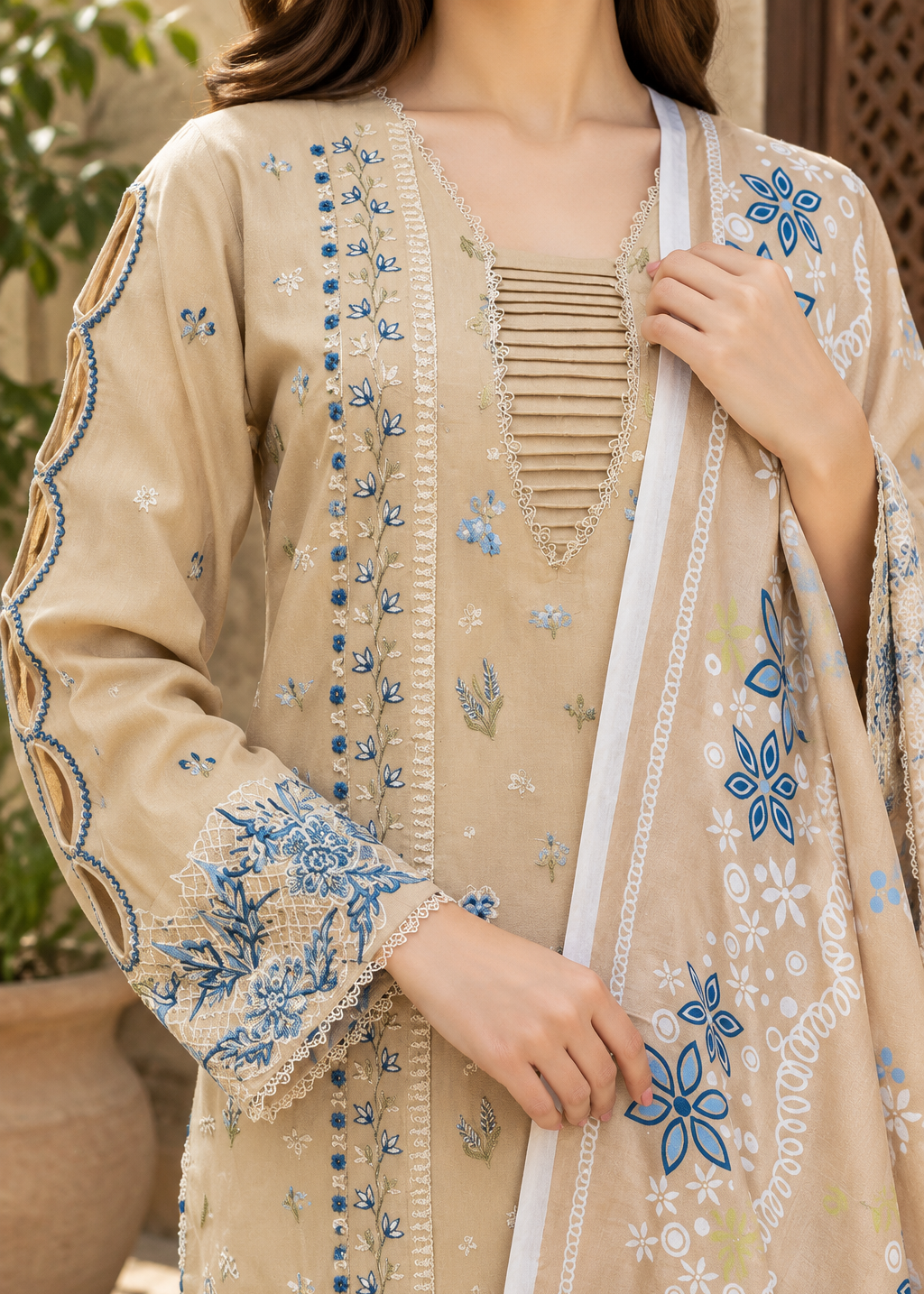Grace W1053 - Embroidered 3pc Marina Dress With Printed Shawl.