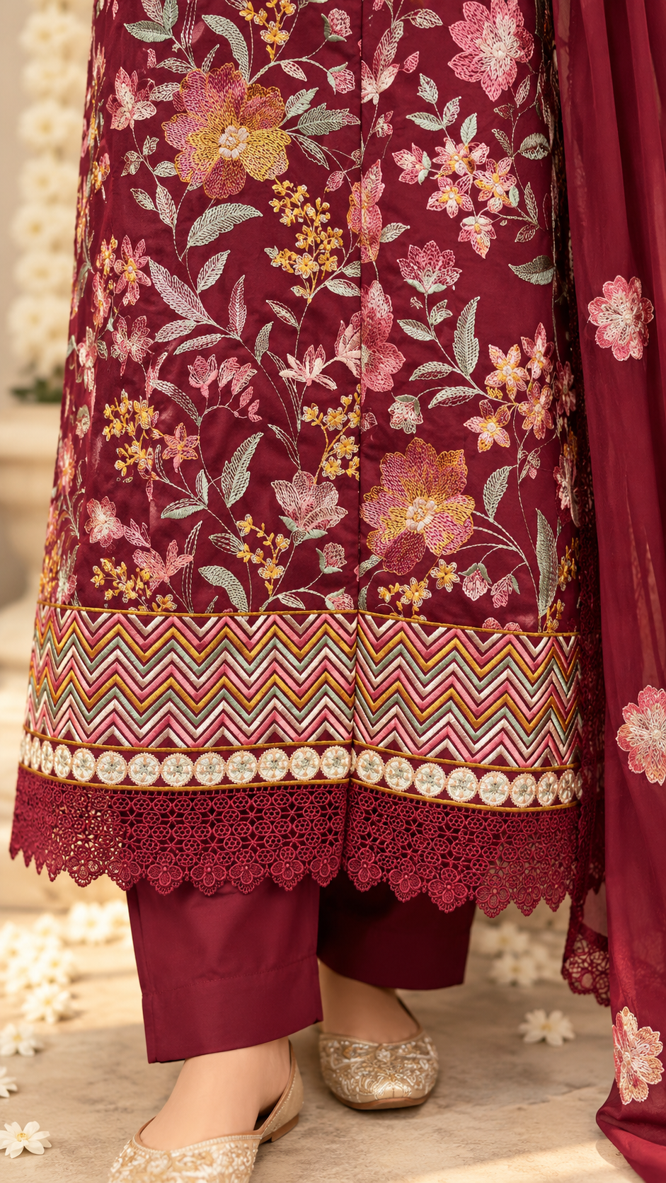 Grace W1045 - Embroidered 3pc Marina Dress With Embroidered Chiffon Dupatta.