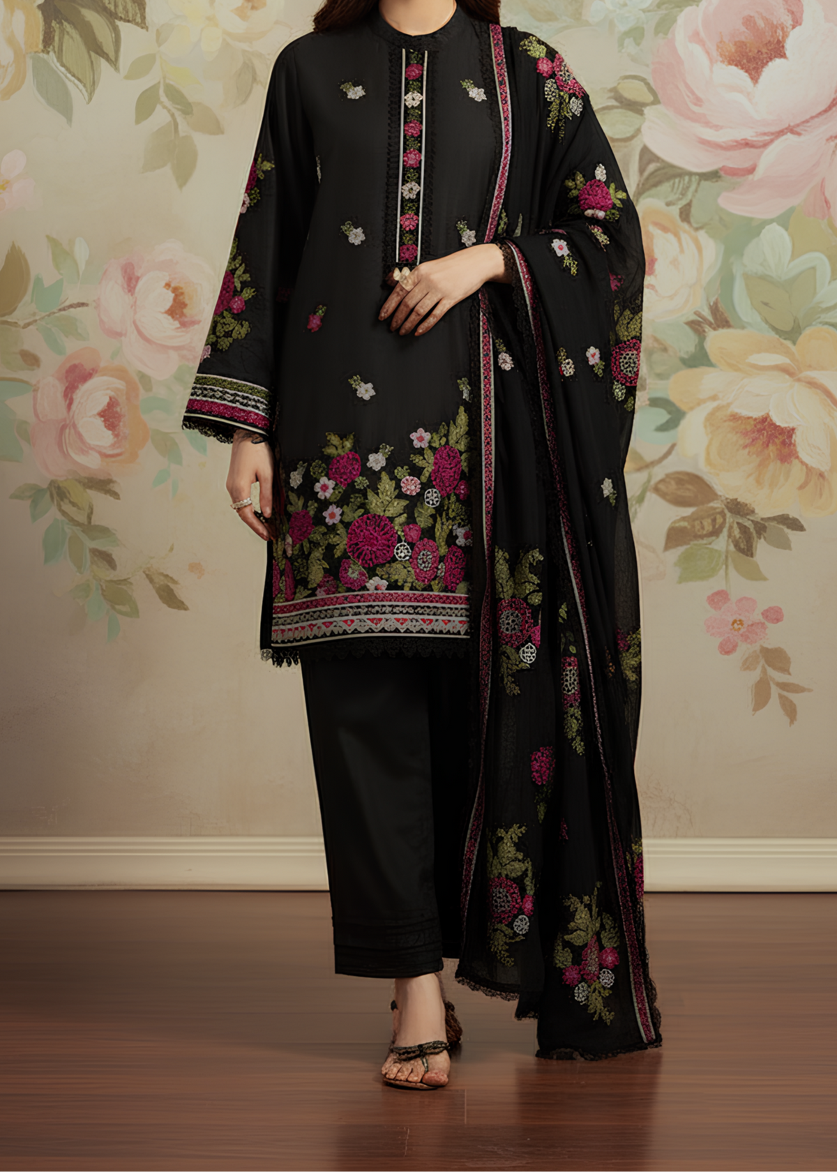 Grace W503-Embroidered 3pc marina dress with Embroidered marina shwal.