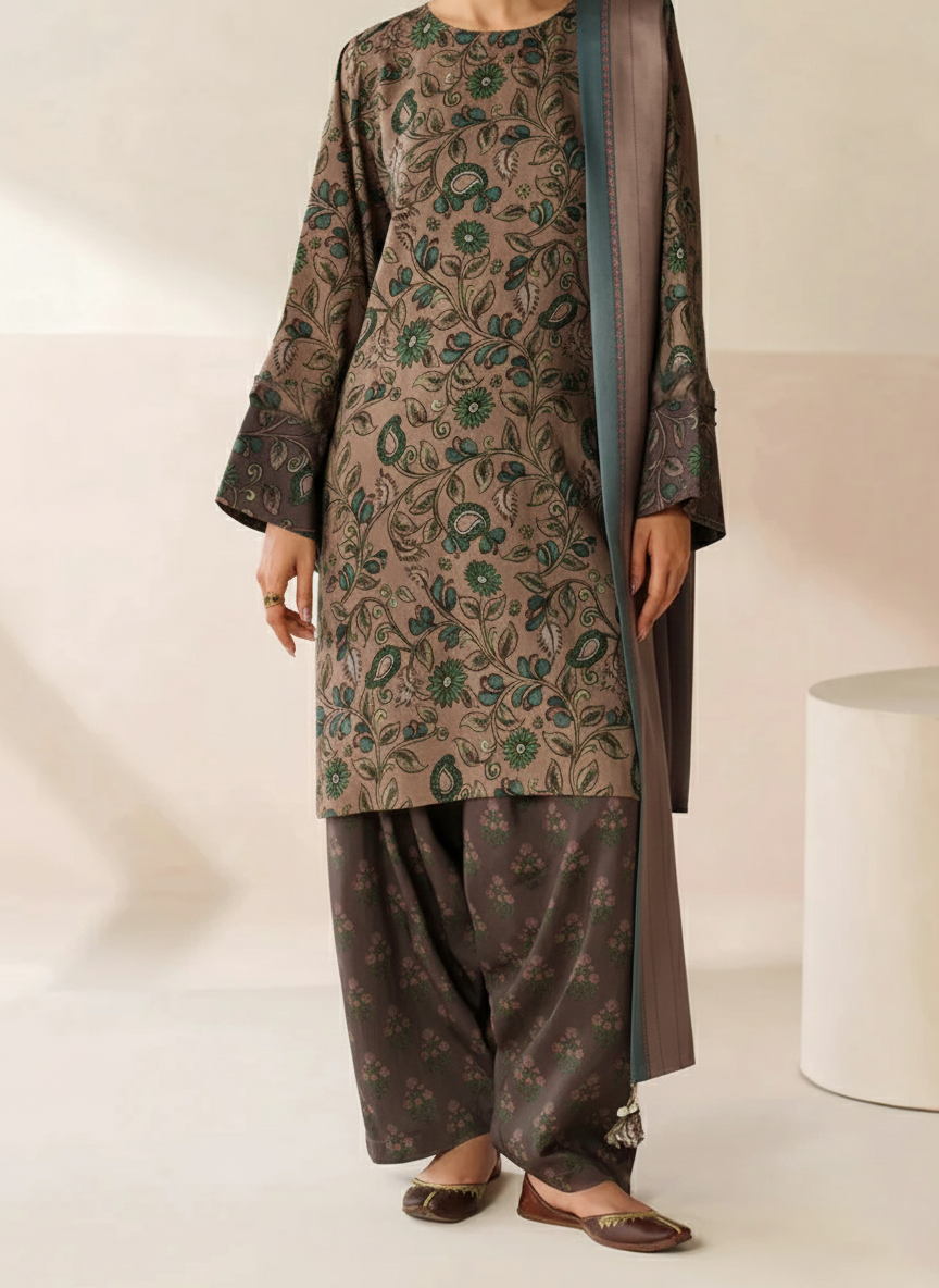 Grace W832 - Digital Printed 3pc Karandi Dress With Digital Printed Karandi Shawl.