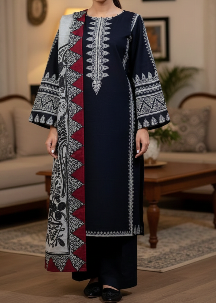 Grace W607-Embroidered 3pc Marina Dress With Printed Shawl.
