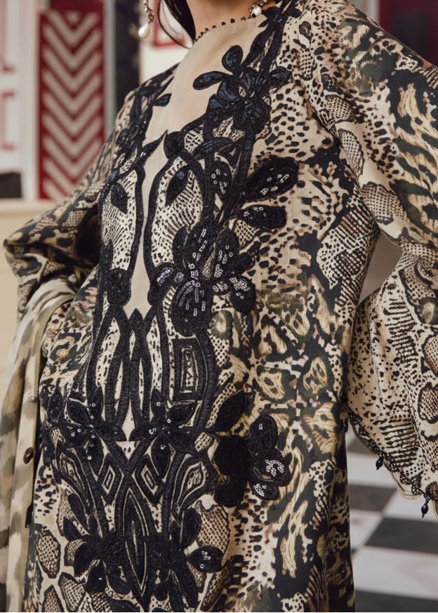 Grace W899 - Embroidered & Digital Printed 3pc Karandi Dress With Digital Printed Karandi Shawl.