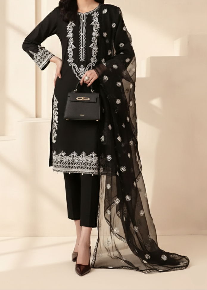Grace W903-Embroidered 3pc Marina Dress With Embroidered Chiffon Dupatta.