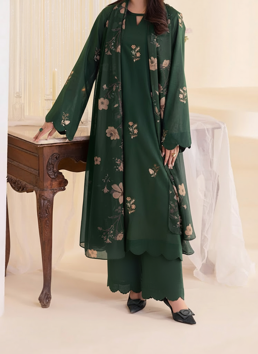Grace W829-Embroidered 3pc Marina Dress With Printed Shawl.