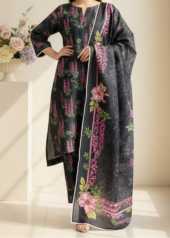 Grace W817 - Digital Printed 3pc Karandi Dress With Digital Printed Karandi Shawl.
