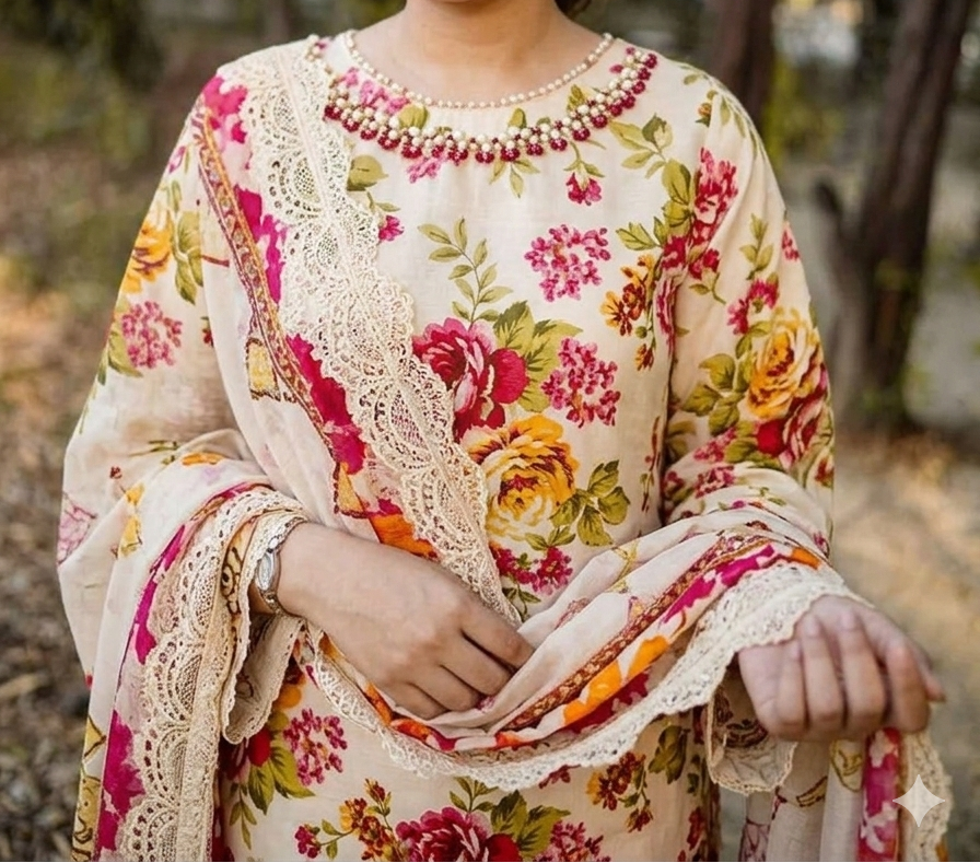 Grace S1353 - Printed & Embroidered 3pc Lawn Dress With Embroidered  Sequence Chiffon Dupatta.