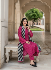 Grace W838 - Digital Printed 3pc Karandi Dress With Digital Printed Karandi Shawl.