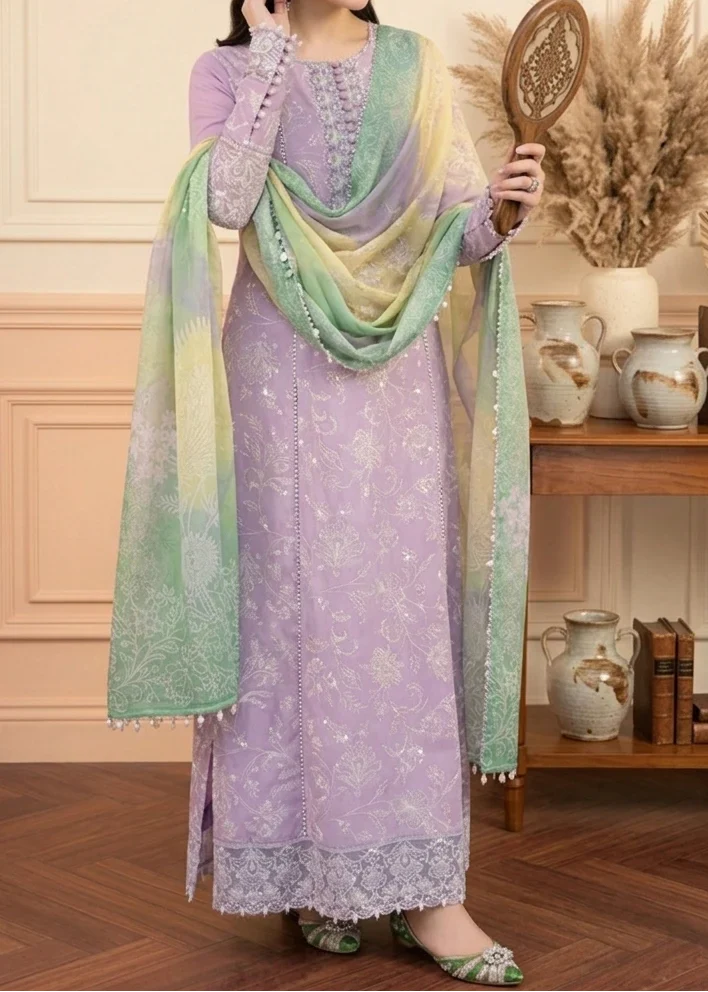 Grace Z-(S1163) - Stitched Embroidered 3pc Lawn Dress With Printed Munar Dupatta.