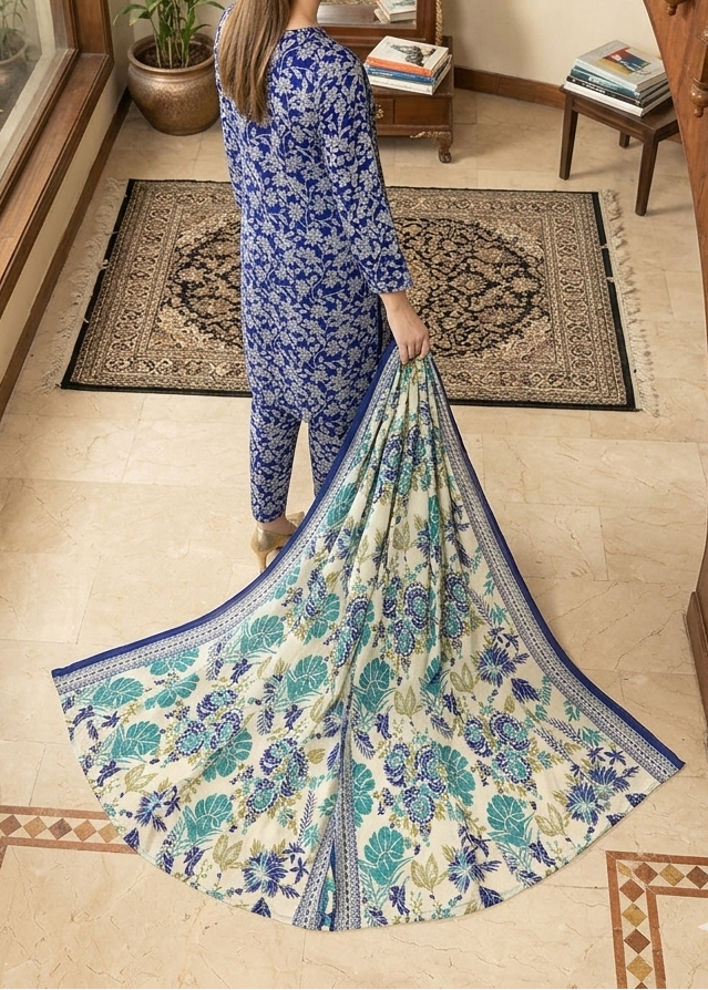 Grace S1349 - Printed & Embroidered 3pc Lawn Dress With Embroidered  Sequence Chiffon Dupatta.