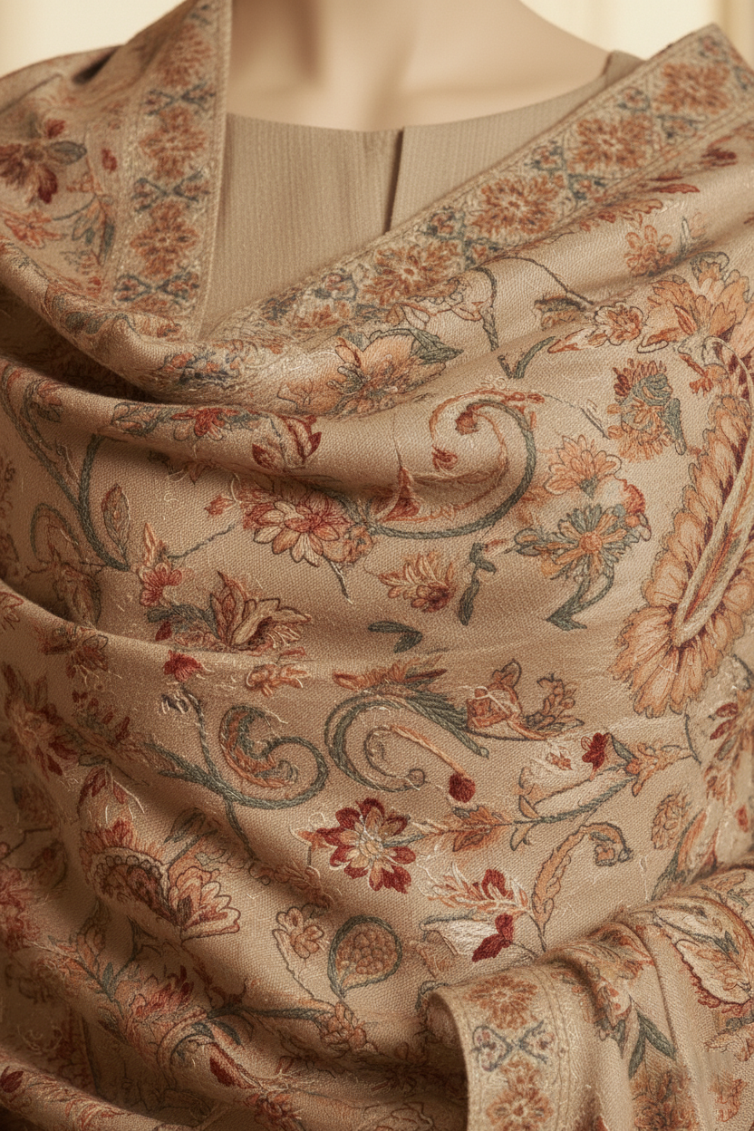 Kashmiri Range - Embroidered Karandi Beige Shawl