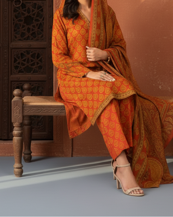 Grace W227-Printed 3pc khaddar dress With Printed khaddar shwal.