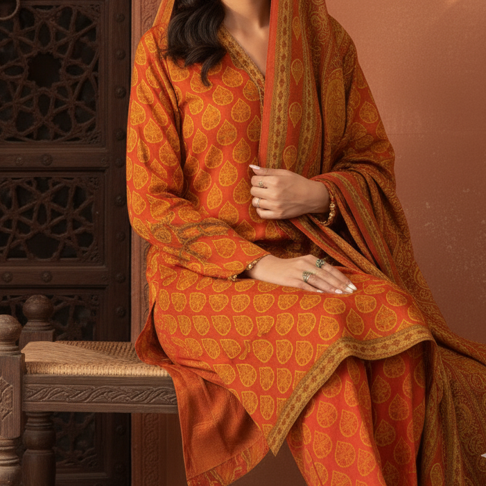 Grace W227-Printed 3pc khaddar dress With Printed khaddar shwal.