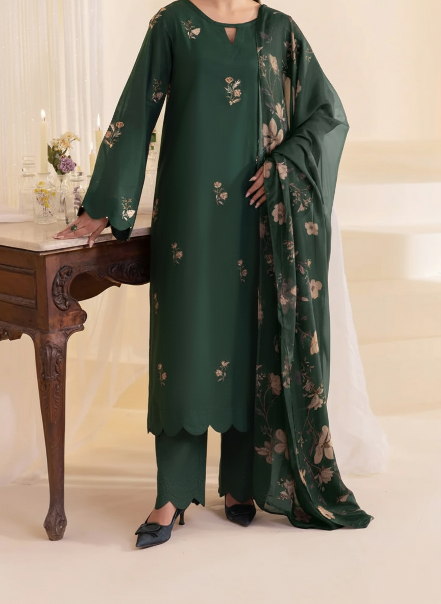 Grace W829-Embroidered 3pc Marina Dress With Printed Shawl.